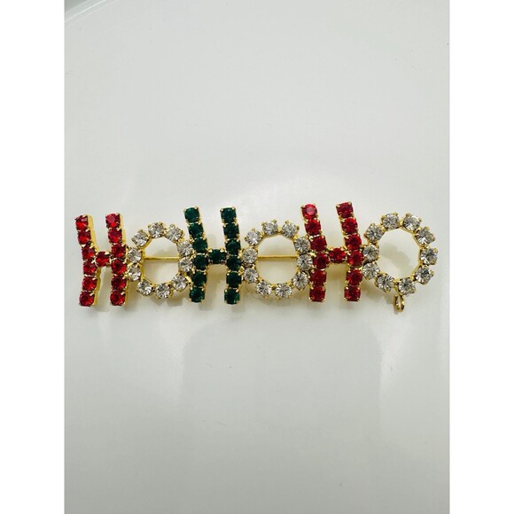 Vintage gold tone Christmas hohoho rhinestone brooch pin - Picture 1 of 5